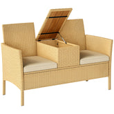Patio Sofa Wicker Loveseat with Built-in Flip-Top Coffee Table and Cushions for Balcony, Garden, Lawn, Backyard, Khaki