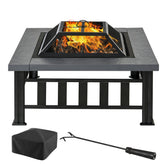 34" Outdoor Fire Pit Square Steel Wood Burning Firepit Bowl with Spark Screen, Waterproof Cover, Log Grate, Poker for Backyard, Camping, BBQ, Bonfire