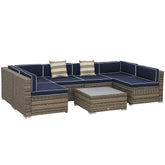 7-Piece Outdoor Wicker Patio Sofa Set, Modern Rattan Conversation Furniture Set with Cushions, and Tea Table, Blue