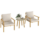 3 Piece Outdoor Bistro Set, Wood Effect Metal Patio Set with Wide and Deep Chairs, Round Table, Cushions, Cream White