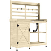 Wooden Potting Bench with Storage, Sink, Water Tap for Backyard, Patio, Balcony, Natural