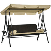 3-Seat Patio Swing Chair, Outdoor Canopy Swing Glider with Removable Cushion, Pillows, Adjustable Shade, and Rattan Seat, for Porch, Garden, Poolside, Backyard