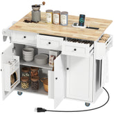 Kitchen Island on Wheels with Drop Leaf, Charging Station, Rolling Kitchen Cart with Wood Top, Adjustable Shelf, White