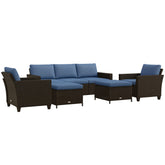 5-Piece Patio Furniture Set with PE Rattan Three-Seater Sofa, Armchairs, Footstools, Cushions, Deep Coffee