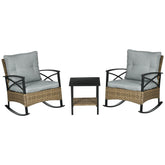 3 Piece Patio Rocking Chair Set, Outdoor Wicker Bistro Set with 2 Oversize Cushioned Porch Rockers and 2 Tier Coffee Table for Garden, Porch, Backyard, Light Gray