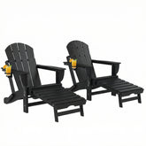 Folding Adirondack Chair Set of 2, HDPE Fire Pit Chair with Retractable Ottoman and Cup Holder, Black
