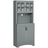 Storage Cabinet with Adjustable Shelves and Microwave Space, 70" Pantry Cabinet with Glass Framed Door, Gray