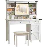 Vanity Desk Set with Mirror and Lights, Cushioned Stool, Storage Drawer, Cabinet, Shelves for Bedroom, White