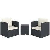 Folding Wicker Bistro Set, 3 Piece Patio Furniture Set with Cushions and Glass Coffee Table for Porch, Balcony, Black