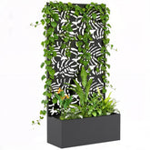 Metal Planter Box with Trellis, 71" Tall Raised Garden Bed with Privacy Screen and Drainage Holes, Banana-Leaf Cut-Outs