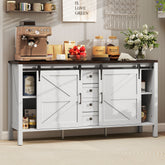 59" Buffet Cabinet, Farmhouse Sideboard with Thick Top, 2 Barn Doors, 4 Drawers and 2 Adjustable Shelves, White