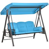 3-Seat Outdoor Porch Swing Chair with Adjustable Canopy, Cushion and Pillows for Garden, Poolside, Blue