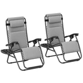 Zero Gravity Lounge Chair Set, 2 Pieces Reclining Folding Outdoor Lounge Chairs with Headrest Side Tray, Light Gray