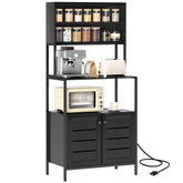 Baker's Rack with Power Outlet and Storage Shelves, Microwave Stand with Louvred Door Cabinets, Black