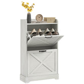 Slim Shoe Storage Cabinet, Farmhouse Shoe Cabinet with 2 Flip Drawers, Adjustable Shelves for 8 Pairs, Distressed White