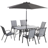 8 Pieces Patio Furniture Set with 9Ft Patio Umbrella, Outdoor Dining Table and Chairs, 6 Chairs, Push Button Tilt and Crank Parasol, Tempered Glass Top, Gray