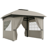 11' x 11' Outdoor Gazebo, Double Roof Patio Gazebo with Curtains, Church Windows, Galvanized Steel Frame, Light Gray