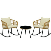 Wicker Outdoor Rocking Chair Set, 3 Piece Patio Bistro Set with 2 Porch Rocker Chairs, Glass Top Coffee Table and Cushions, Patio Conversation Set for Balcony, Backyard, Cream White