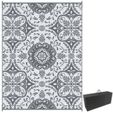 Outdoor Rug for Patio, 9' x 12' Waterproof Large Mat, Reversible Plastic Straw Rug for Decor, Portable Outside RV Camping Area Carpet Mat for Backyard Porch Deck Picnic, Gray & White Floral