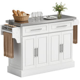 Rolling Kitchen Island Cart with 47" Stainless Steel Top, Portable Island Table for Kitchen with Wheels, Adjustable Shelves, 2 Drawers, Spice, Knife and Towel Rack, White