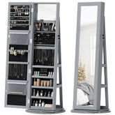 360° Swivel Jewelry Armoire, Lockable Jewelry Cabinet with Full-Length Mirror, Storage Shelves, Gray