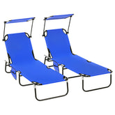 Pool Chaise Lounge Chairs Set of 2, Folding Lounge Chairs with Sunshade, Reclining Back, Steel Frame, Blue