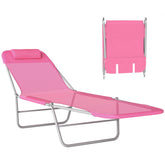 Folding Chaise Lounge Chair, Pool Sun Tanning Chair, Outdoor Lounge Chair with Reclining Back, Breathable Mesh Seat, Headrest for Beach, Yard, Patio, Pink