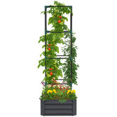 Galvanized Planter Box, 24" x 24" x 73.5" Raised Garden Bed with Tomato Cage for Climbing Vines, Dark Gray