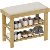 Bamboo Shoe Storage Bench, 3-Tier Entryway Bench with Cushion, Shoe Organizer for Entryway, Hallway, Natural