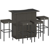 5 Piece Rattan Wicker Bar Set, High Top Outdoor Table and Chairs, Bar Height Patio Set, 2 Shelves & 4 Bar Stools, Brown