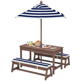 Outdoor Wooden Kids Picnic Table & Bench Set with Cushions and Umbrella, for Patio, Garden, Navy Blue