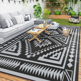 Reversible Outdoor Rug, Waterproof Plastic Straw with Carry Bag, 9' x 18', Black & Gray Square Patchwork