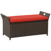 29 Gallon Patio Wicker Storage Bench, Outdoor PE Rattan Patio Furniture, 2-In-1 Large Capacity Rectangle Garden Storage Box with Handles and Cushion, Red