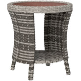18" Wicker Outdoor Coffee Table, PE Rattan Patio Side Table with 2-Tier Storage, Composite Wood Top, Mixed Gray