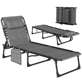 Chaise Lounge Chair Outdoor, 5-Position Adjustable Sun Tanning Chair with Carrying Handle and Side Pocket, Folding Bed Cot with Removable Pillow for Garden, Beach, Patio, Pool, Camp, Gray