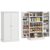 Freestanding Kitchen Pantry Cabinet, Kitchen Cabinet with 12 Door Shelves, Double Doors, 5-tier Shelving, Paper White