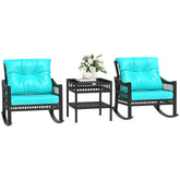3 Piece Outdoor PE Rattan Rocker Chair Set, Rocking Chair with Tempered Glass Table Top, Turquoise Green