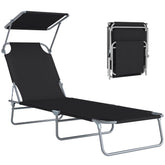 Outdoor Pool Chaise Lounge Chair, Folding Tanning Chair with Sun Shade, Black