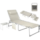 Tanning Chair with Face Hole and Side Table, 5-Position Folding Outdoor Chaise Lounge Chair, Beige