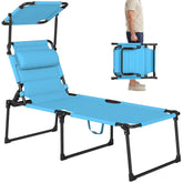Outdoor Lounge Chair, 4 Position Adjustable Backrest, Folding, Cushioned w/ Sun Shade Roof & Pillow, Blue