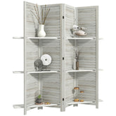 4 Panel 67" Tall Wood Privacy Screen Room Divider with 3 Shelves and Folding Storage for Bedroom, Distressed White