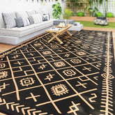 Reversible Outdoor Rug, Waterproof Plastic Straw with Carry Bag, 9' x 18', Black & Brown Rhombus