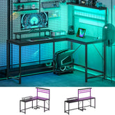 61.6" L Shaped Gaming Desk with Power Outlets & LED Lights, Computer Desk with Monitor Stand and CPU Shelf, Black