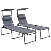 2 Pcs Outdoor Lounge Chair, 4 Position Adjustable Backrest, Folding, Cushioned w/ Sun Shade Roof & Pillow, Gray