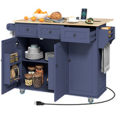 Kitchen Island on Wheels with Drop Leaf, Charging Station, Rolling Kitchen Cart with Wood Top, Adjustable Shelf, Blue