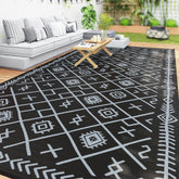 Reversible Outdoor Rug, Waterproof Plastic Straw with Carry Bag, 9' x 18', Black & Gray Rhombus