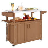 Outdoor Bar Cart with Storage, Stainless Steel Outdoor Bar Table Top, Wheeled HDPE Kitchen Island for Food Prep, Brown