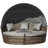4-Piece Round Convertible Daybed with Cushions, Outdoor PE Rattan Patio Wicker Sofa Set, Sunbed with Adjustable Sun Canopy, Sectional Sofa, 2 Chairs, Table, 3 Pillows, Dark Gray