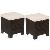 2 Piece Wicker Outdoor Ottomans with Cushions, Rattan Ottoman Footrest and Side Table for Patio, Yard, Poolside, Cream