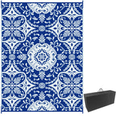 Outdoor Rug for Patio, 9' x 12' Waterproof Large Mat, Reversible Plastic Straw Rug for Decor, Portable Outside RV Camping Area Carpet Mat for Backyard Porch Deck Picnic, Blue & White Floral